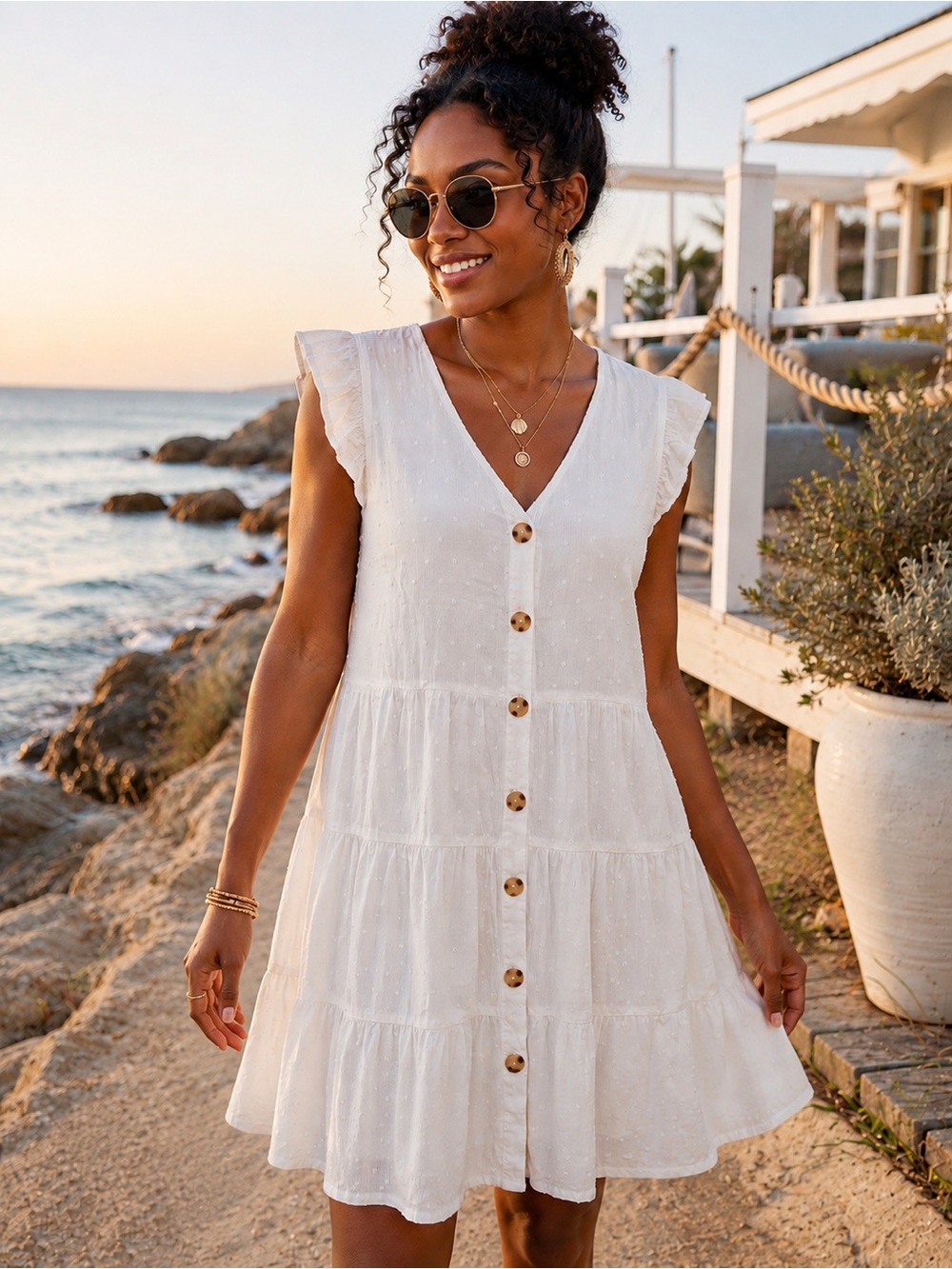 Sweet Wanderer White Swiss Dot Tiered Button Front Boho Dress